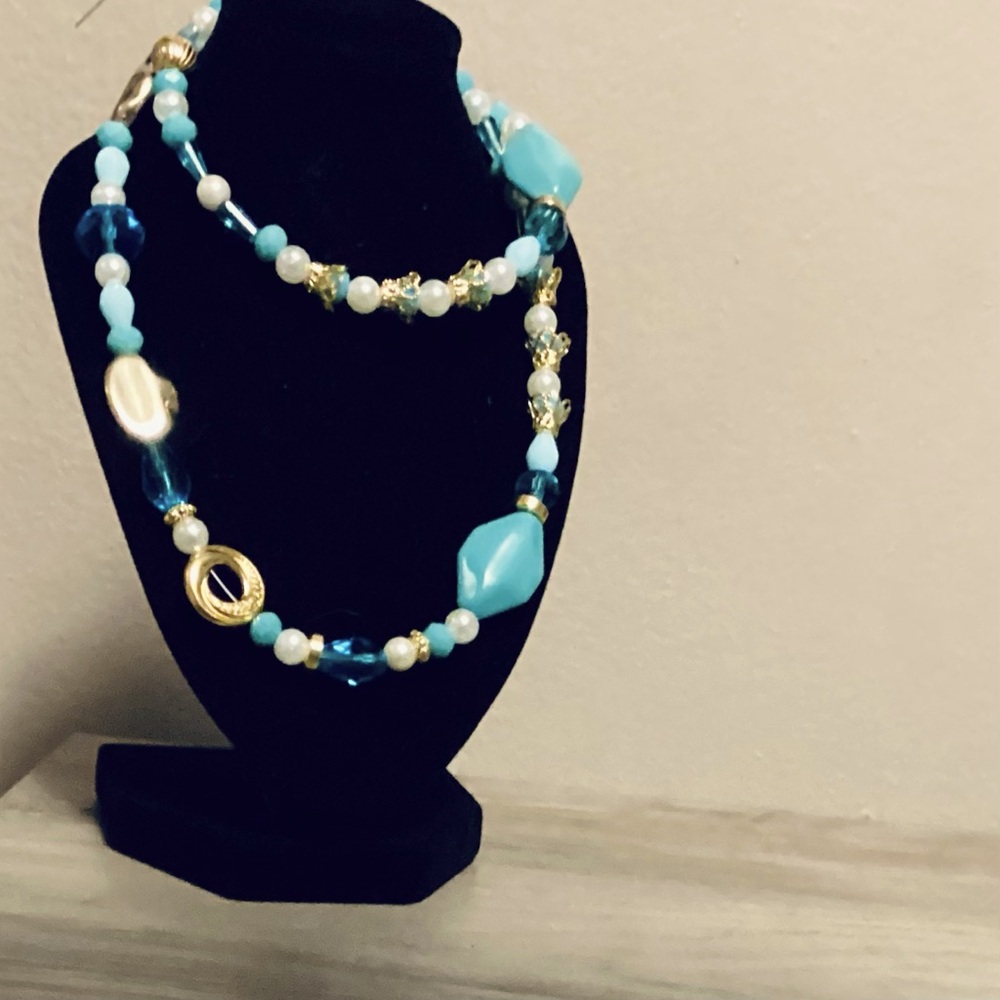 Blue and Gold Asymmetrical Beaded Necklace